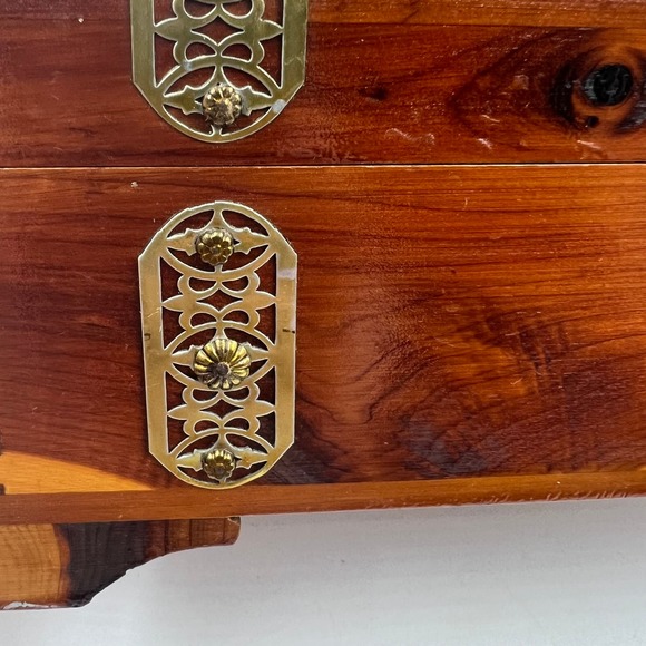 Vintage Wooden Latch Jewelry Storage Box Gold Tone Metal Blue Lining Mirror MCM - Picture 12 of 13